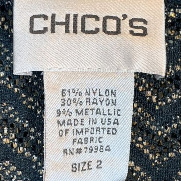 Chicos Size 2 L Open Cardigan Ruana Wrap Sweater Black Gold Metallic Excellent - Picture 2 of 10